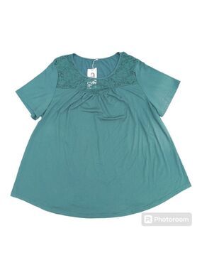 Vislily Green Short Sleeve Peasant Top with Lace Accent, Round Neckline Size 20W